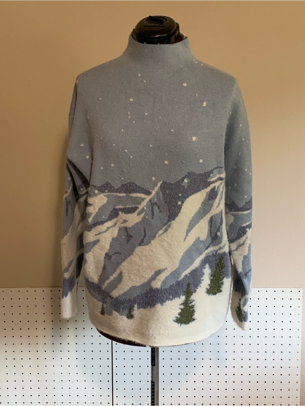 TahariScenic Mountain Print Mock Neck Sweater - Light Blue